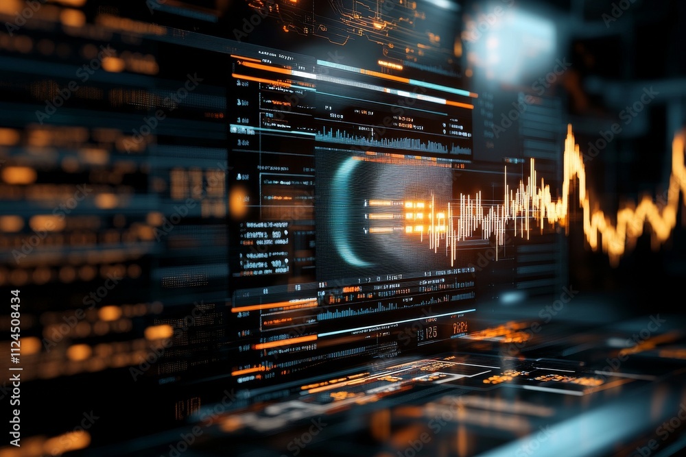 Poster visual representation of sound waves and digital data in an abstract design