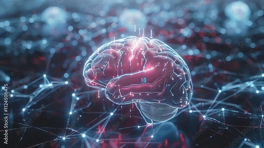 Poster a digital representation of a brain with glowing lines and nodes.