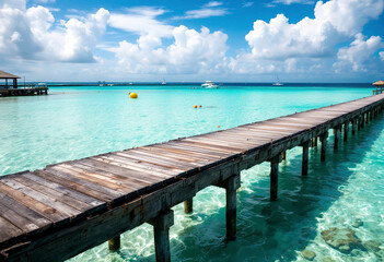 A tropical beach with crystal clear turquoise water, a wooden dock or pier extending into the water, and a few small boats or buoys visible in the distance
