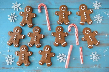 Fototapeta premium Gingerbread cookies with candy canes and snowflakes