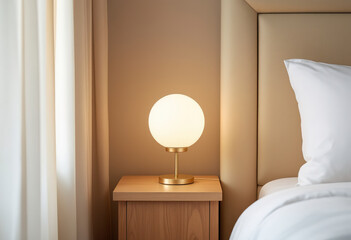 A white globe lamp on a wooden nightstand next to a white pillow on a bed in a hotel room