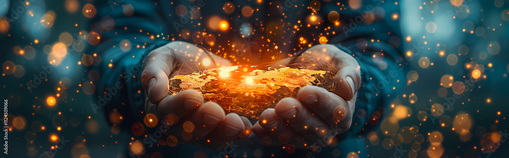 Poster sparkling potential: a pair of hands gently cradles a cascade of glowing embers, symbolizing the pow