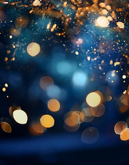Glittering Abstract Blue and Gold Bokeh Background with Sparkling Light Particles and Festive Atmosphere for New Year's Eve Celebrations