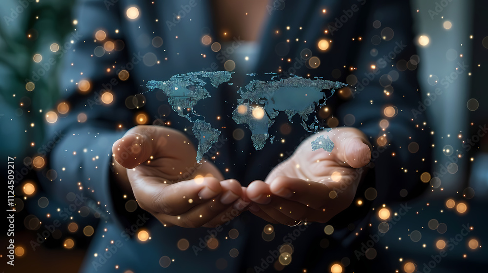 Poster global connection: a close-up image of a woman's hands cradling a glowing world map, symbolizing int