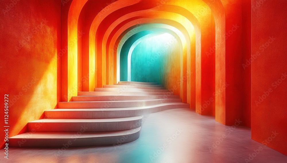 Poster geometric abstract vibrant design with orange and turquoise soft shadows and minimalistic style