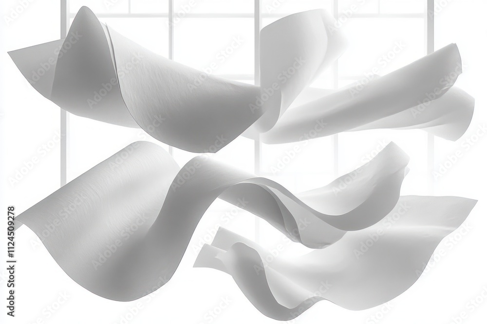 Poster white paper sheets in motion flying twisting and falling isolated on white background