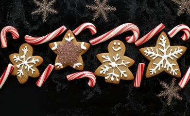 Close-up of gingerbread cookies with candy canes on black