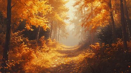 A hiking trail surrounded by trees with vibrant autumn leaves, with golden hues illuminating the path in the soft morning light.