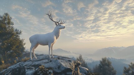 Naklejka premium A majestic white deer with perfect antlers, in the beautiful mountains