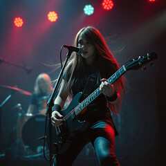 rockstar woman singer sing with guitar on stage