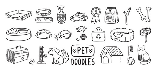 Pet Cat and Dog doodle hand drawn set elements. Pet stuff drawing isolated icons