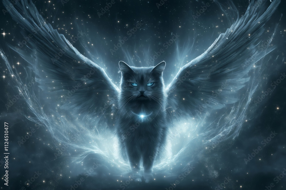 Poster fantasy cat with glowing wings and celestial elements flies through a cosmic nebula, creating a magi