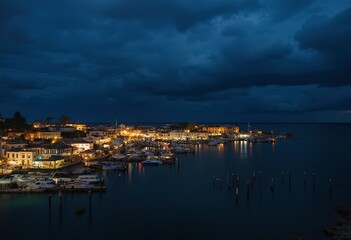 Obraz premium Coastal town at night with illuminated buildings, boats, and docks along the water's edge under a dark cloudy sky