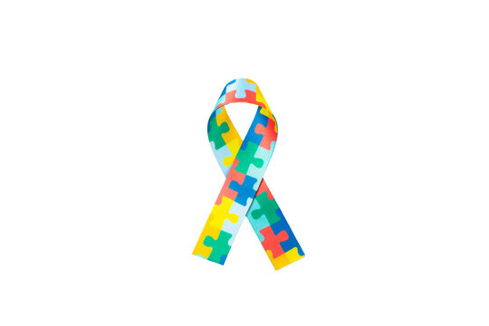 Autism ribbon. Autism awareness day. World autism awareness day with puzzle pattern ribbon isolated on white background. Colorful puzzle ribbon.