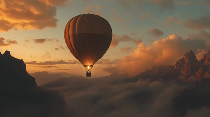 Obraz premium A hot air balloon drifting through a cloudy sky at dawn with a mountain backdrop