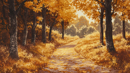 Obraz premium A hiking trail surrounded by trees with vibrant autumn leaves, with golden hues illuminating the path in the soft morning light.