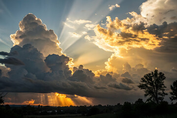Golden Sun Rays Breaking Through Dramatic Storm Clouds Over the Ocean
