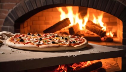 A freshly baked pizza with various toppings in front of a roaring fire in a brick oven