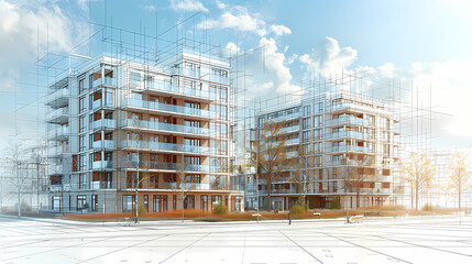 Modern Architecture Blueprint: A visionary concept of contemporary apartment buildings rendered in a blueprint style, showcasing sleek design and urban development.  
