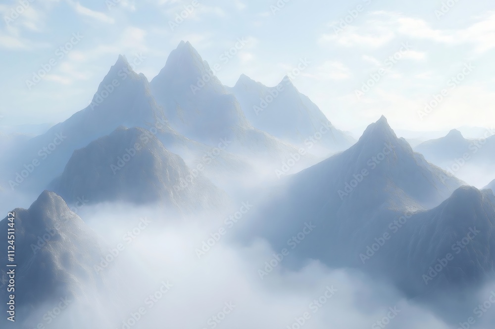 Poster scenic aerial view of a mountain range with fog filling the valley, creating a serene and mystical a