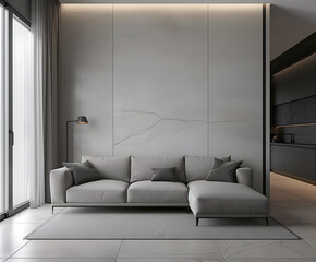 Aesthetic elegant minimalist modern interior design. Clear mock up empty wall for decoration in the apartment. Copy space in the room. Neutral palette of natural colors.