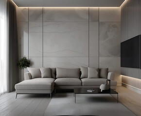 Aesthetic elegant minimalist modern interior design. Clear mock up empty wall for decoration in the apartment. Copy space in the room. Neutral palette of natural colors.