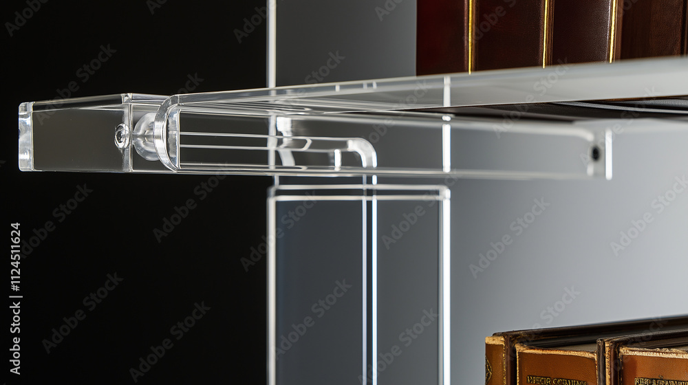 Poster custom designed acrylic bookshelf with sleek lines and transparent design showcases books in a moder