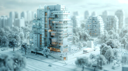 Futuristic Cityscape: Architectural marvel amidst a snowy urban landscape. Modern building design in a winter wonderland setting.