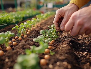 Gardener Planting Seeds in Freshly Tilled Soil with Emerging Sprouts