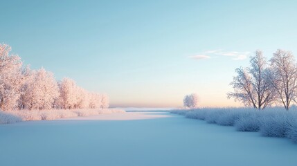Obraz premium Serene Winter Landscape with Frosty Trees and Calm Waterscape