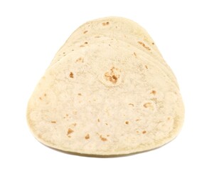 Row of Piadina slices on white background. It is an intalian flatbread prepared in Romagna region.