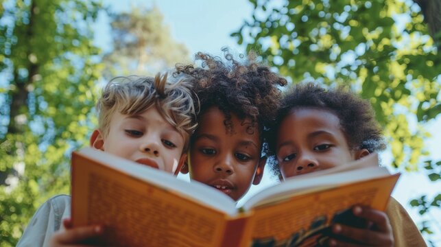 Three children Of diverse ethnicities read a book together in a serene Outdoor setting surrounded by lush greenery and a clear blue sky.