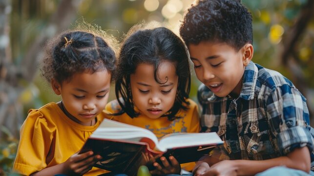 Three children Of diverse ethnicities read a book together in a serene outdoor setting surrounded by trees