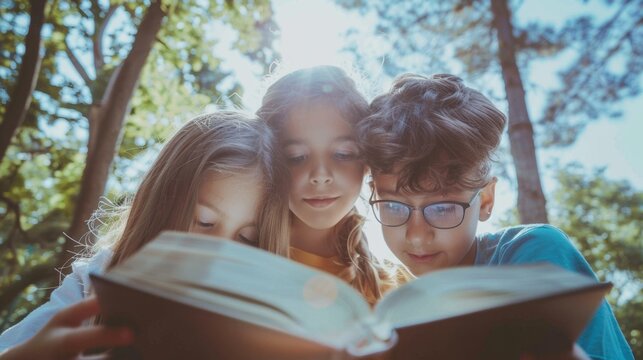 Horizontal portrait of three children of diverse ethnicities read a book together in a park.