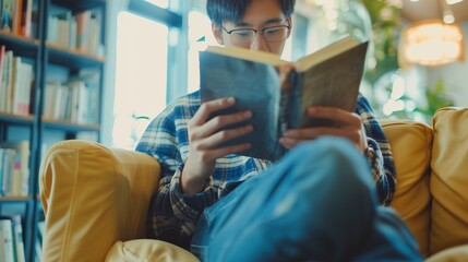 A young man is engrossed in reading a book sitting comfortably in a yellow armchair with his legs crossed.