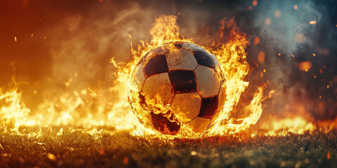 Fototapeta premium Fiery Soccer Ball Surrounded by Flames on Grass Field with Dramatic Lighting and Vivid Colors for Sports and Action Themes