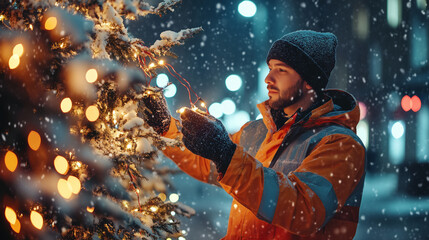 A photo of a male road workers in orange safety jacket, hanging Christmas lights on street lamp along the city's main shopping streets during a winter night