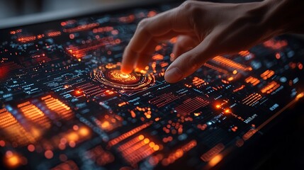 Businessperson Analyzing Futuristic Holographic Data Dashboard with Glowing Charts and Graphs