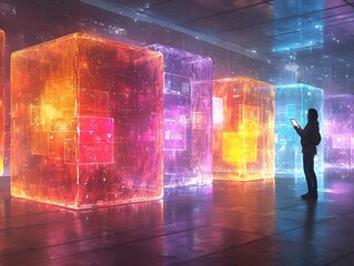 Floating Business Data Cubes in Futuristic Room Person Interacting with Holographic Visualization