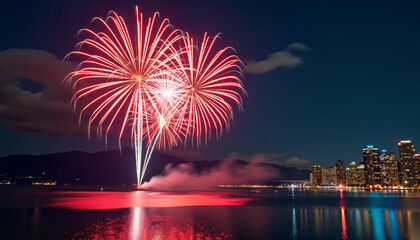 Vibrant Fireworks Over City Skyline at Night