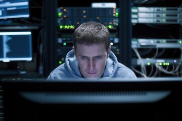 Network administrator's head in a dark room - sitting on computer 