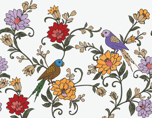 seamless birds printed indian kalamkari design. traditional kalamkari pattern. hand drawn botanical flower branch pattern. set of botanical flowers with birds. vintage flower vector illustration.