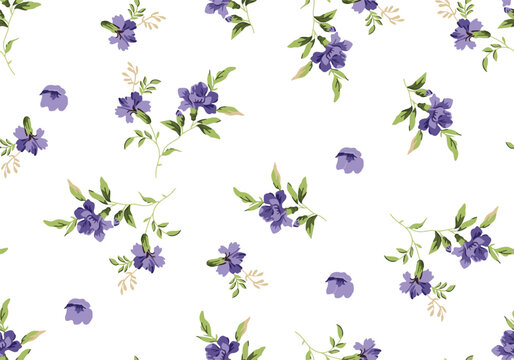 vector small floral pattern isolated on white background. hand drawn watercolor purple flower bunch pattern. seamless pattern with repeat background. botanical flower illustration.