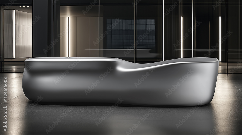 Poster modern office reception desk design in an elegant workspace setting emphasizing sleek lines and mini