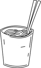 Cup of Instant Noodles with Chopsticks Line Art.