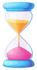 Colorful Hourglass with Yellow and Pink Sand in Blue Frame isolated on transparent background.