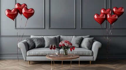 Interior of festive living room with grey sofa, heart-shaped balloons and glasses of wine on coffee table. Valentine's Day celebration.