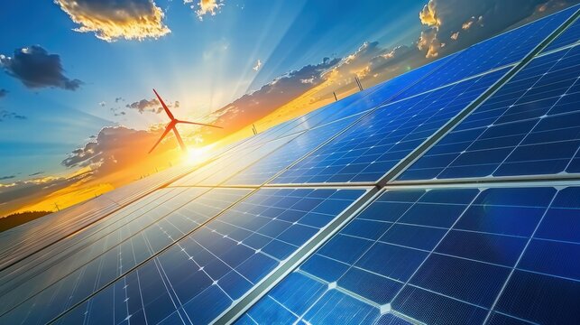 Hybrid renewable energy setup combining wind turbines and solar panels in a vast open field