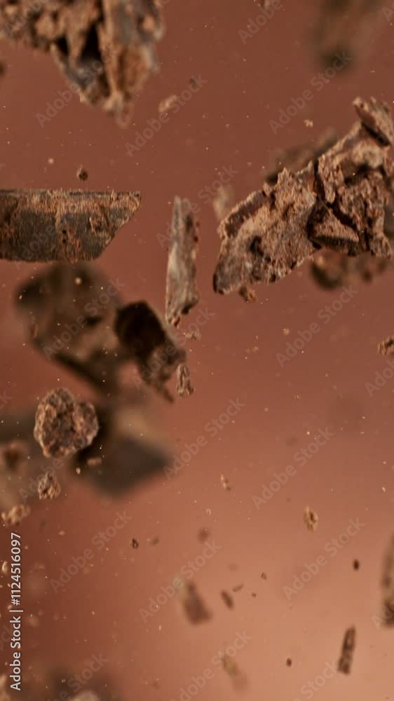 Poster super slow motion of flying chocolate chunks up in the air. isolated on brown background. camera mov