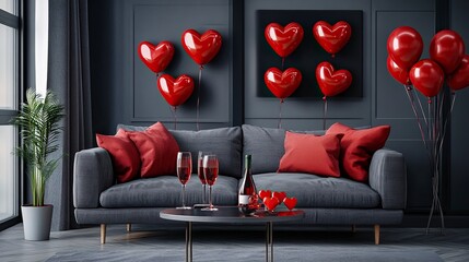 Interior of festive living room with grey sofa, heart-shaped balloons and glasses of wine on coffee table. Valentine's Day celebration.
